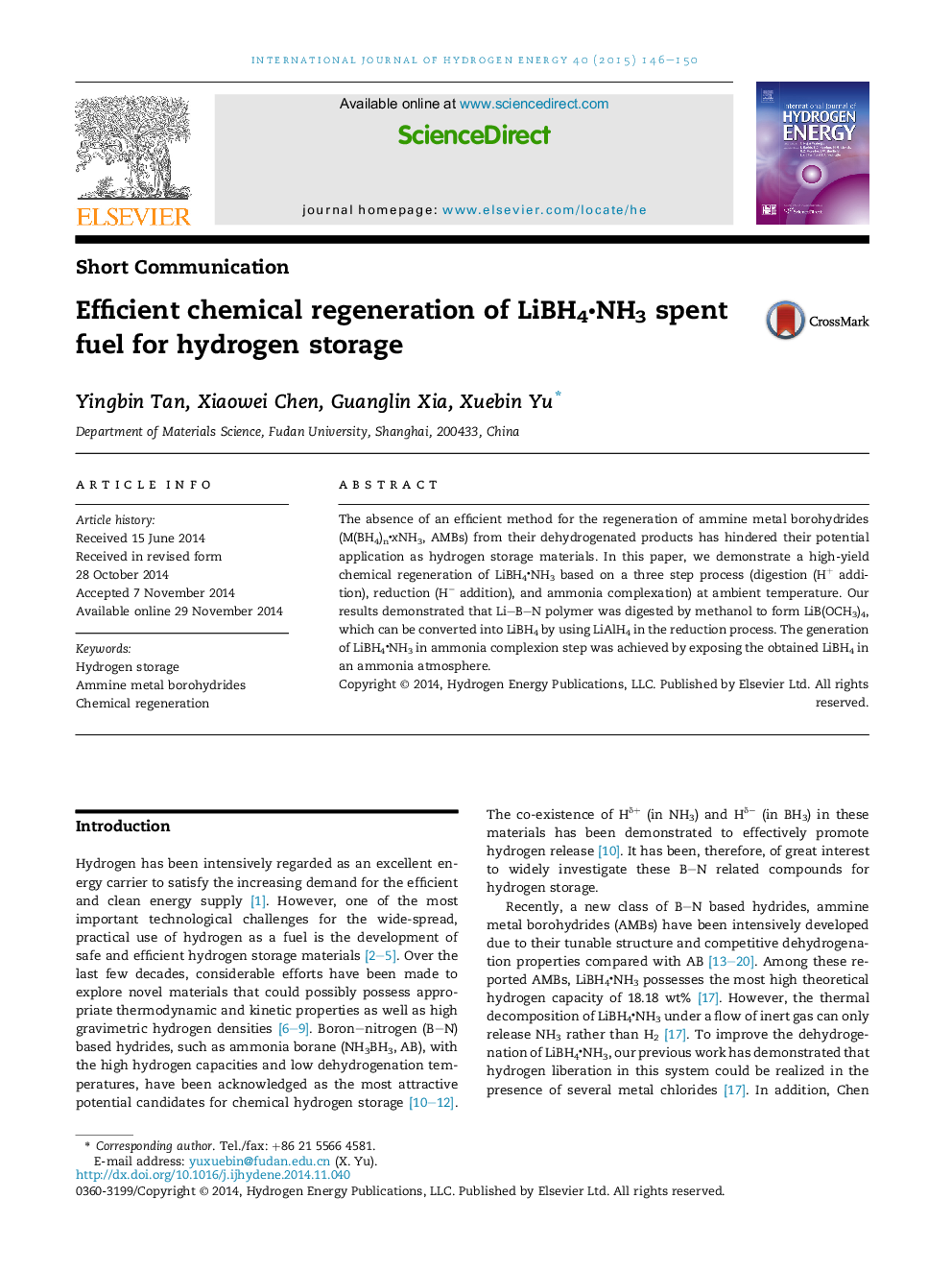 Efficient chemical regeneration of LiBH4NH3 spent fuel for hydrogen storage