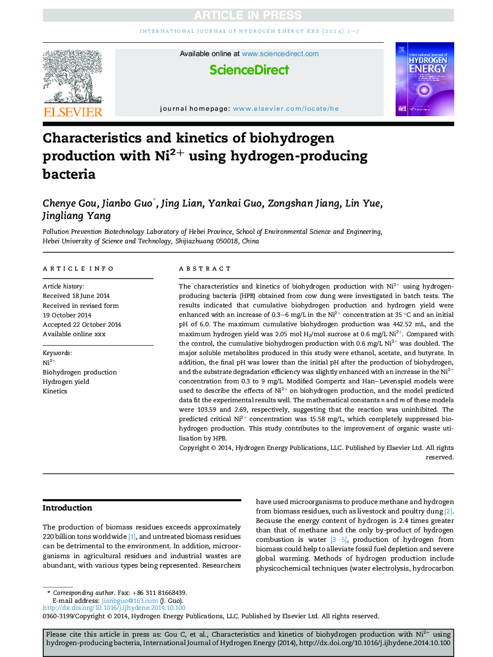 Characteristics and kinetics of biohydrogen production with Ni2+ using hydrogen-producing bacteria