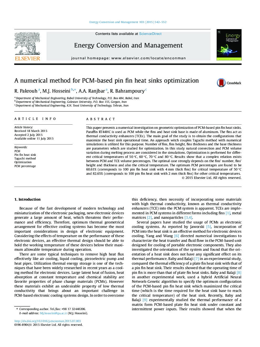 A numerical method for PCM-based pin fin heat sinks optimization