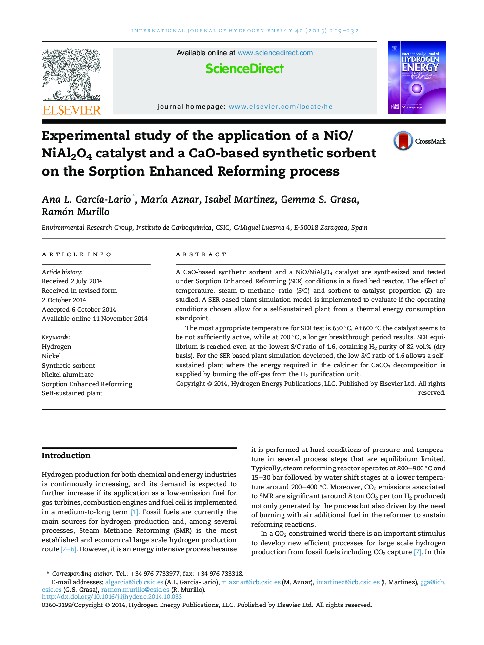 Experimental study of the application of a NiO/NiAl2O4 catalyst and a CaO-based synthetic sorbent on the Sorption Enhanced Reforming process