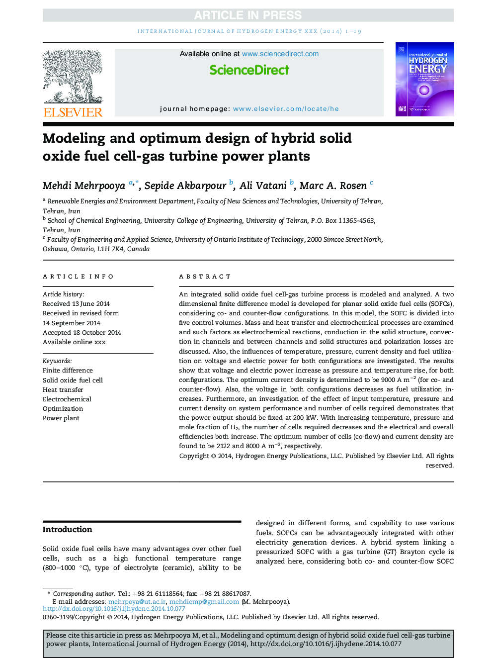 Modeling and optimum design of hybrid solid oxide fuel cell-gas turbine power plants