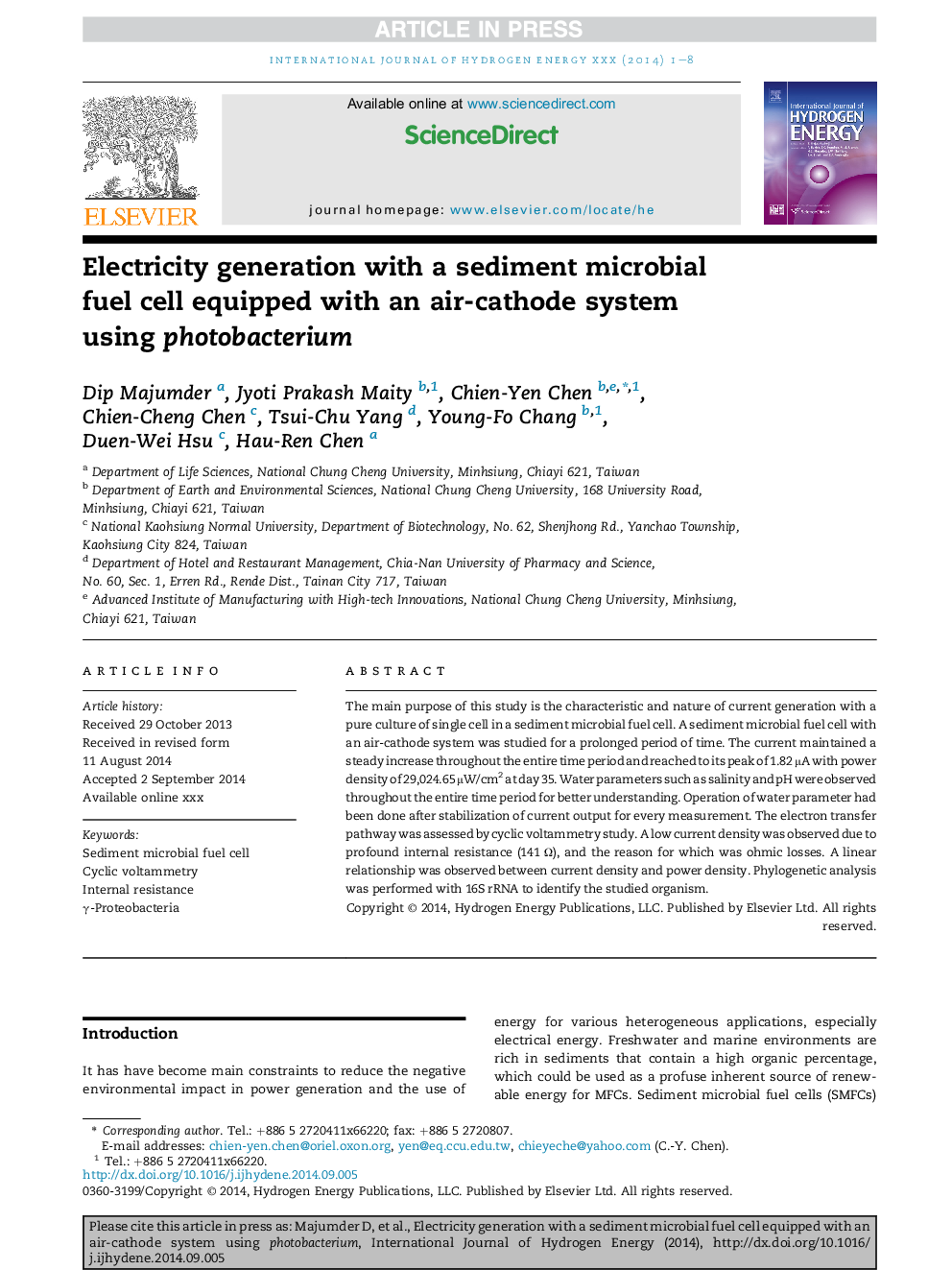 Electricity generation with a sediment microbial fuel cell equipped with an air-cathode system using photobacterium