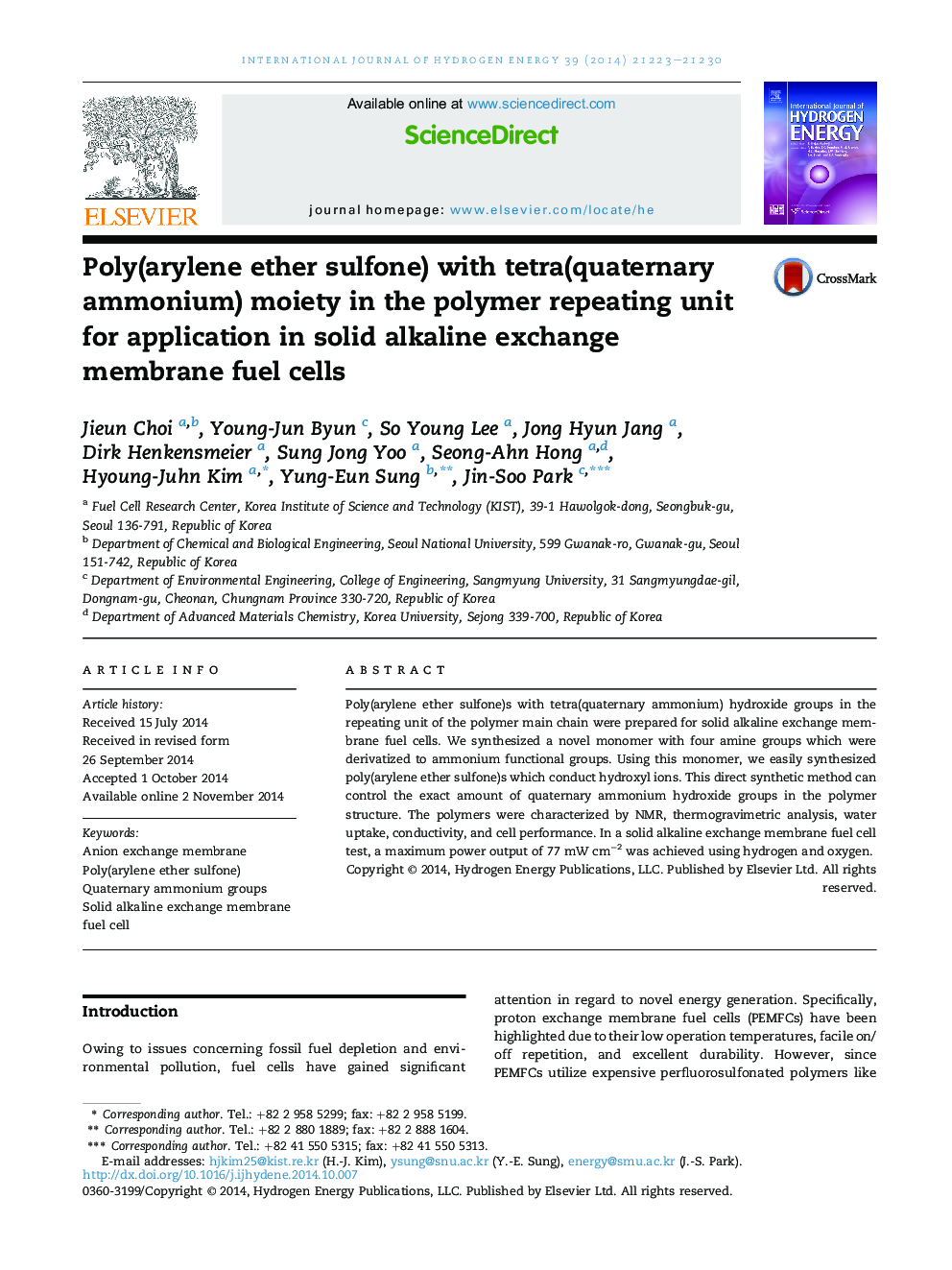 Poly(arylene ether sulfone) with tetra(quaternary ammonium) moiety in the polymer repeating unit for application in solid alkaline exchange membrane fuel cells