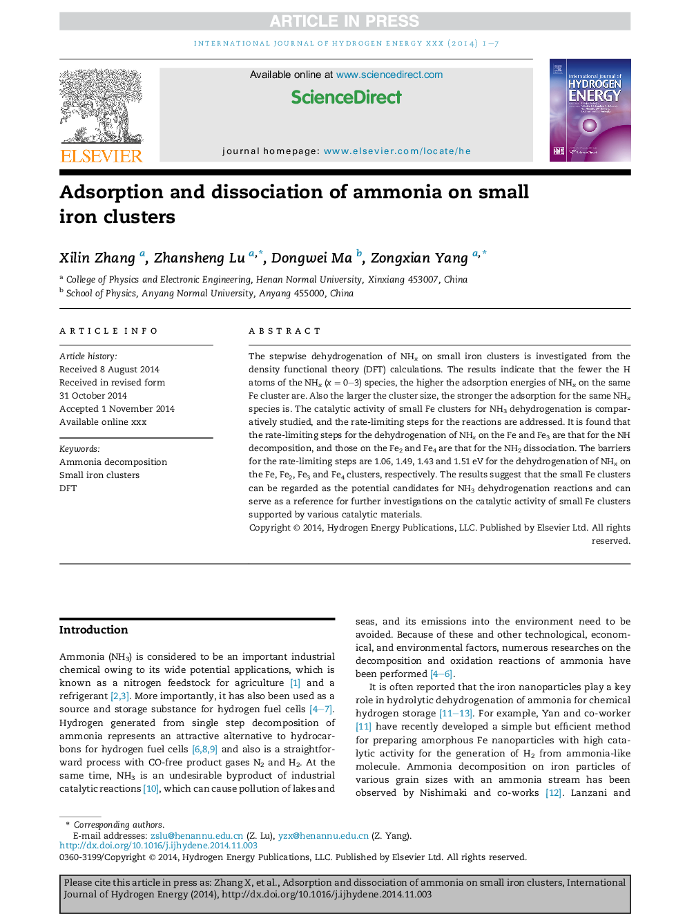 Adsorption and dissociation of ammonia on small iron clusters