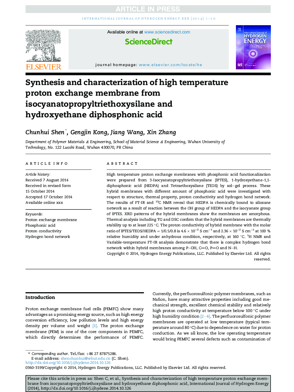 Synthesis and characterization of high temperature proton exchange membrane from isocyanatopropyltriethoxysilane and hydroxyethane diphosphonic acid