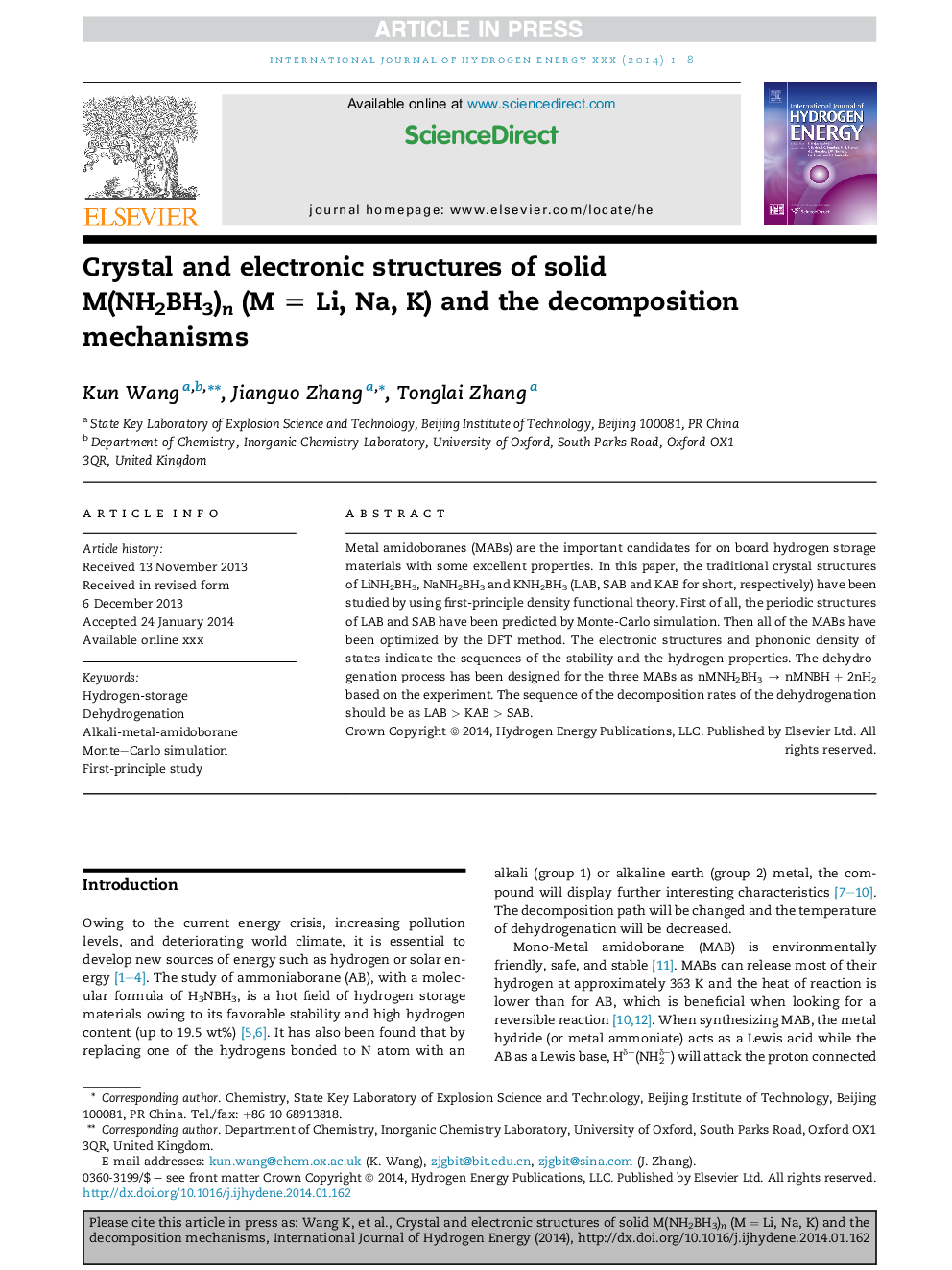 Crystal and electronic structures of solid M(NH2BH3)n (MÂ =Â Li, Na, K) and the decomposition mechanisms