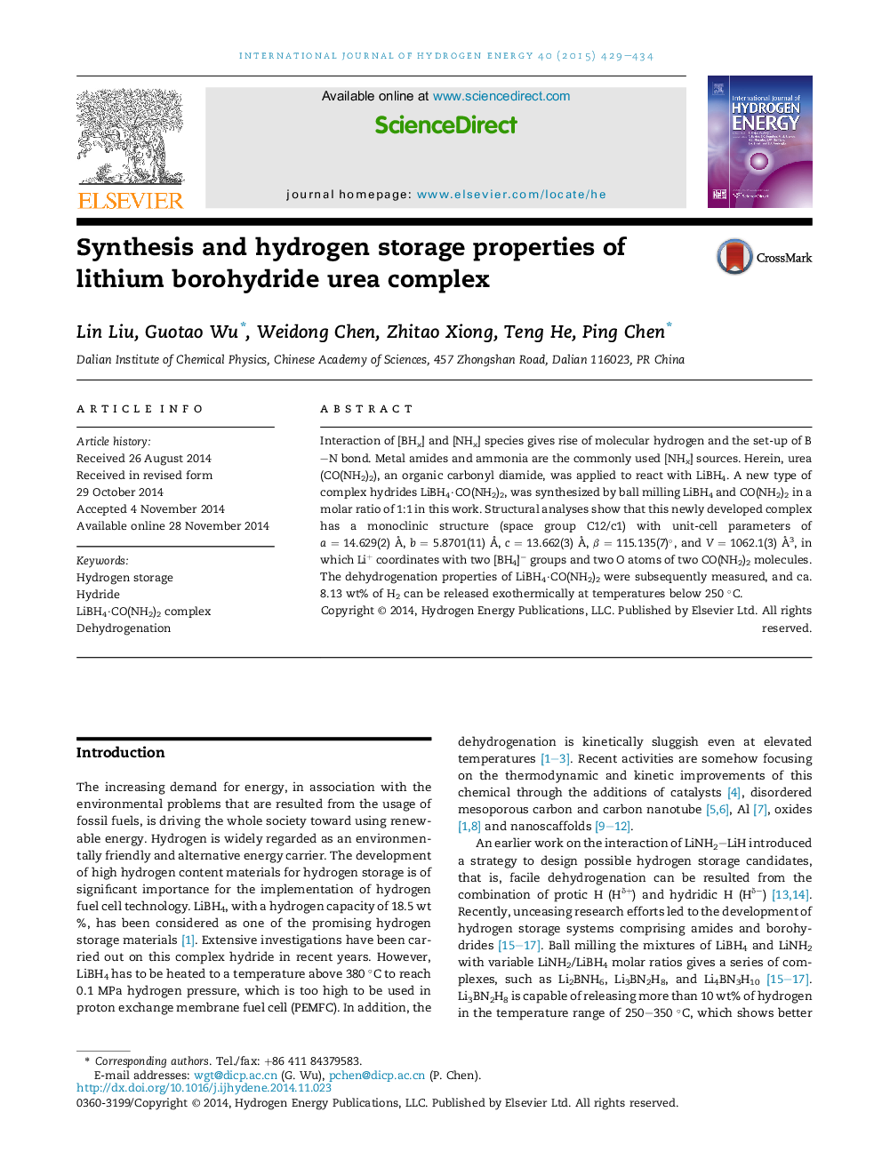 Synthesis and hydrogen storage properties of lithium borohydride urea complex