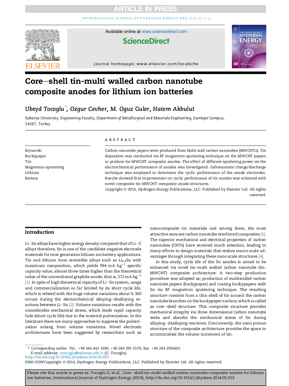 Core-shell tin-multi walled carbon nanotube composite anodes for lithium ion batteries