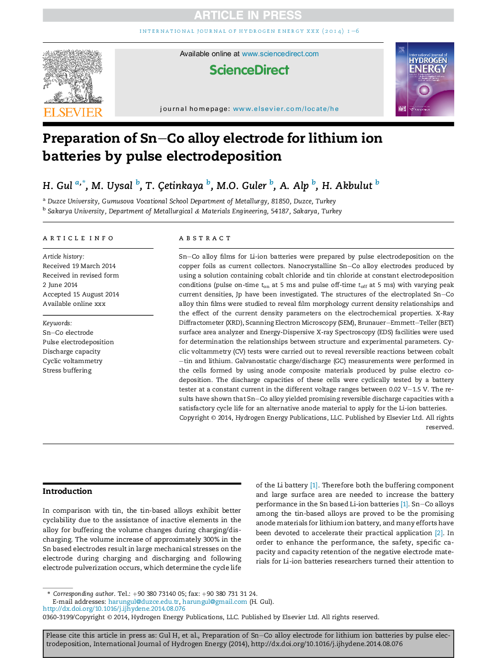 Preparation of Sn-Co alloy electrode for lithium ion batteries by pulse electrodeposition