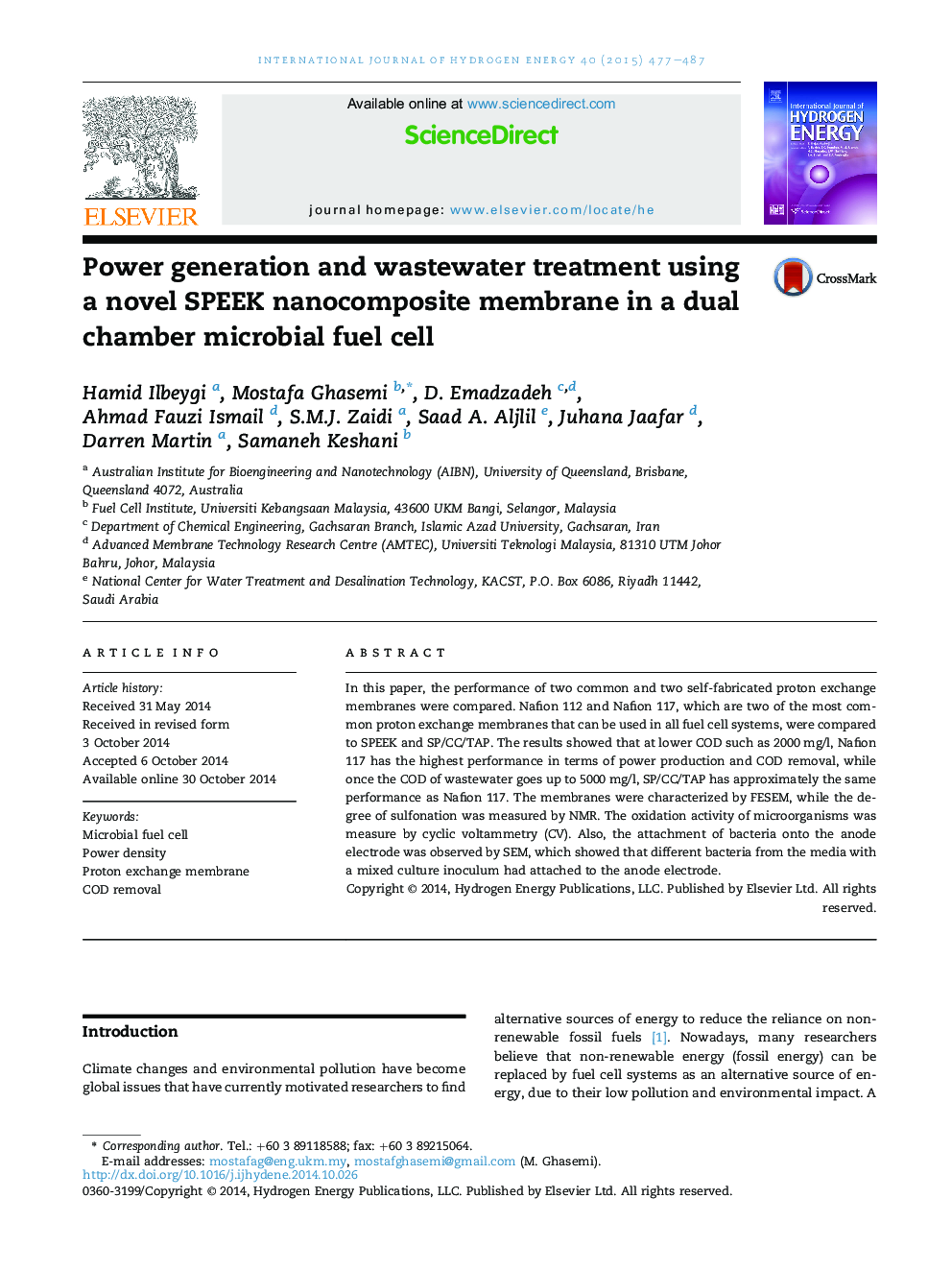 Power generation and wastewater treatment using a novel SPEEK nanocomposite membrane in a dual chamber microbial fuel cell