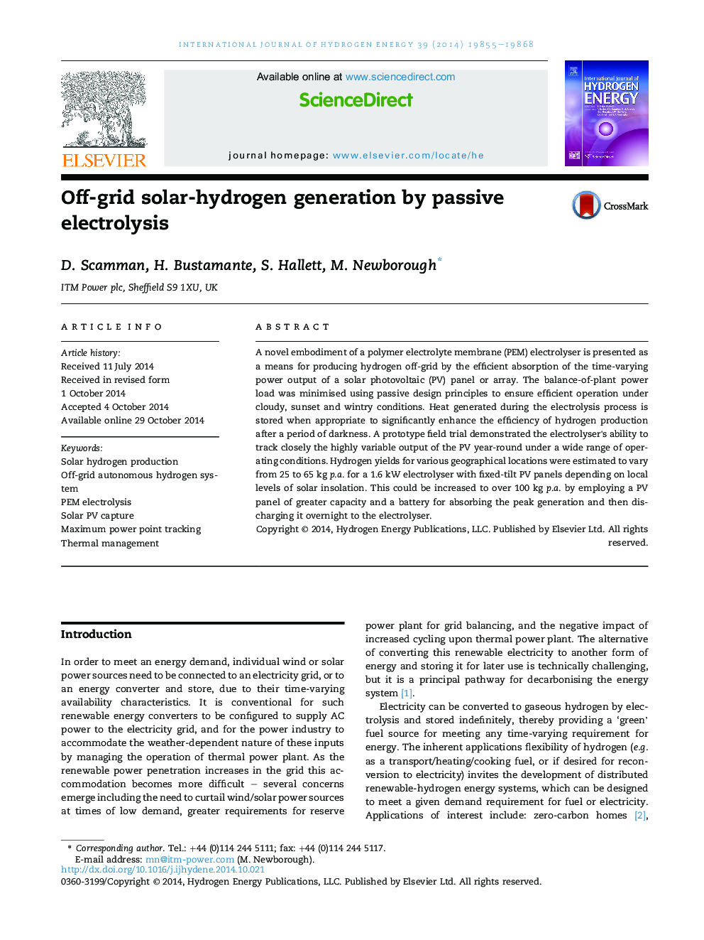 Off-grid solar-hydrogen generation by passive electrolysis