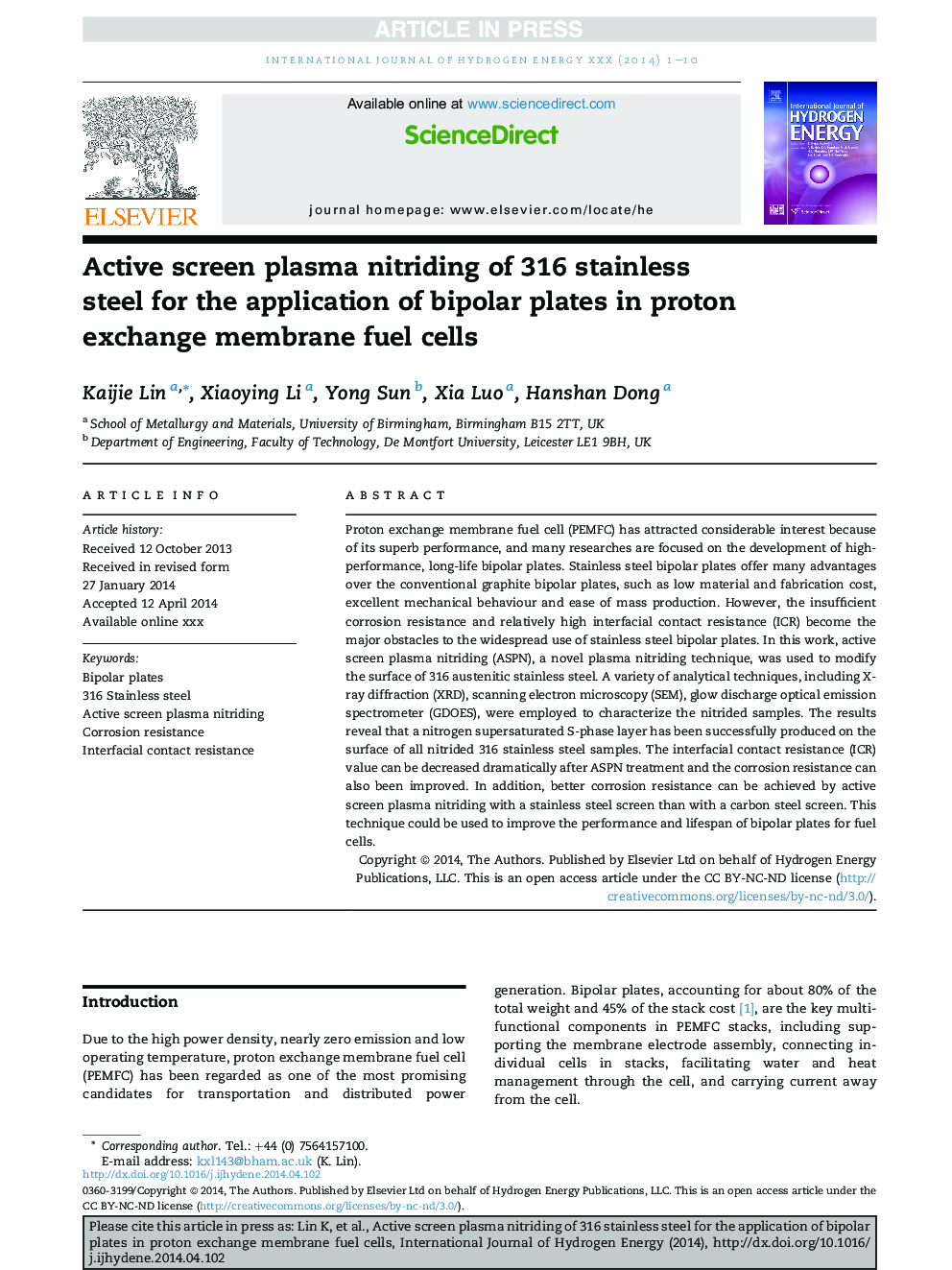 Active screen plasma nitriding of 316 stainless steel for the application of bipolar plates in proton exchange membrane fuel cells