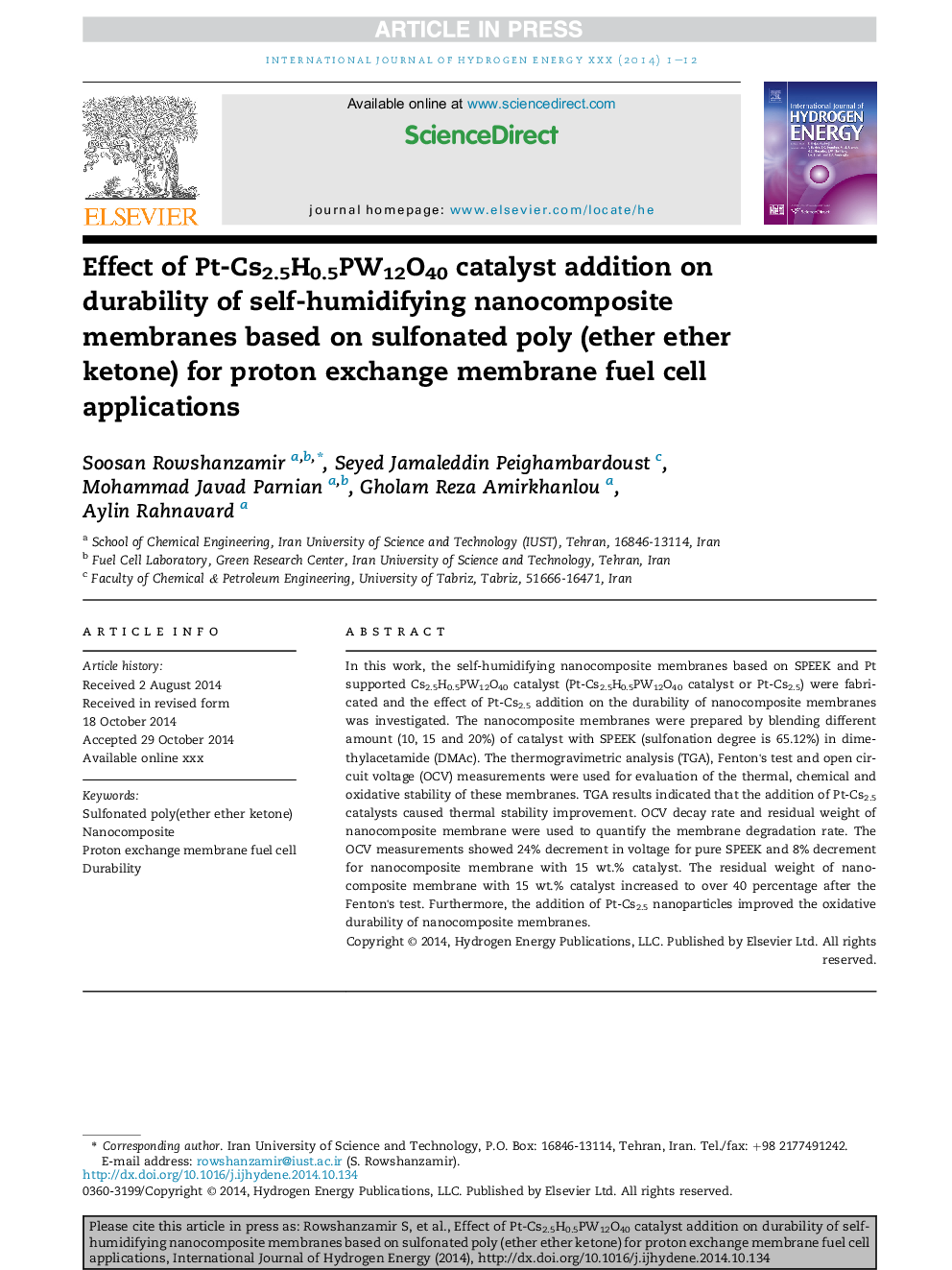 Effect of Pt-Cs2.5H0.5PW12O40 catalyst addition on durability of self-humidifying nanocomposite membranes based on sulfonated poly (ether ether ketone) for proton exchange membrane fuel cell applications