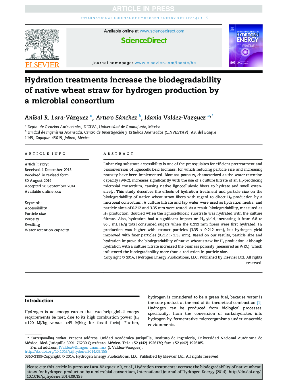 درمان های هیدراتاسیون زیست تخریب پذیری کاه گندم بومی برای تولید هیدروژن توسط یک کنسرسیوم میکروبی افزایش می یابد 