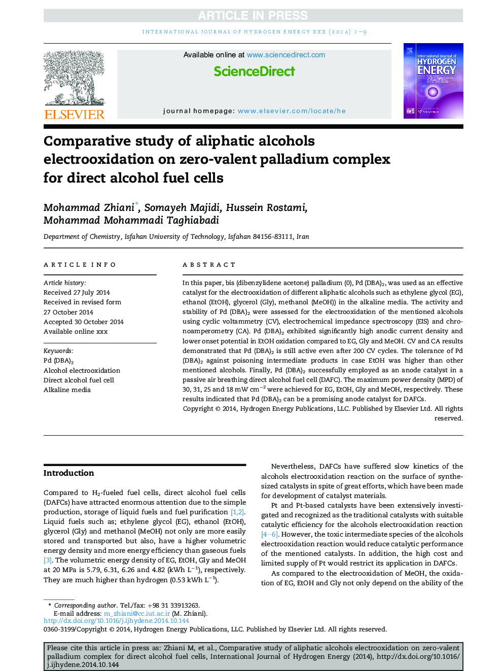 Comparative study of aliphatic alcohols electrooxidation on zero-valent palladium complex for direct alcohol fuel cells