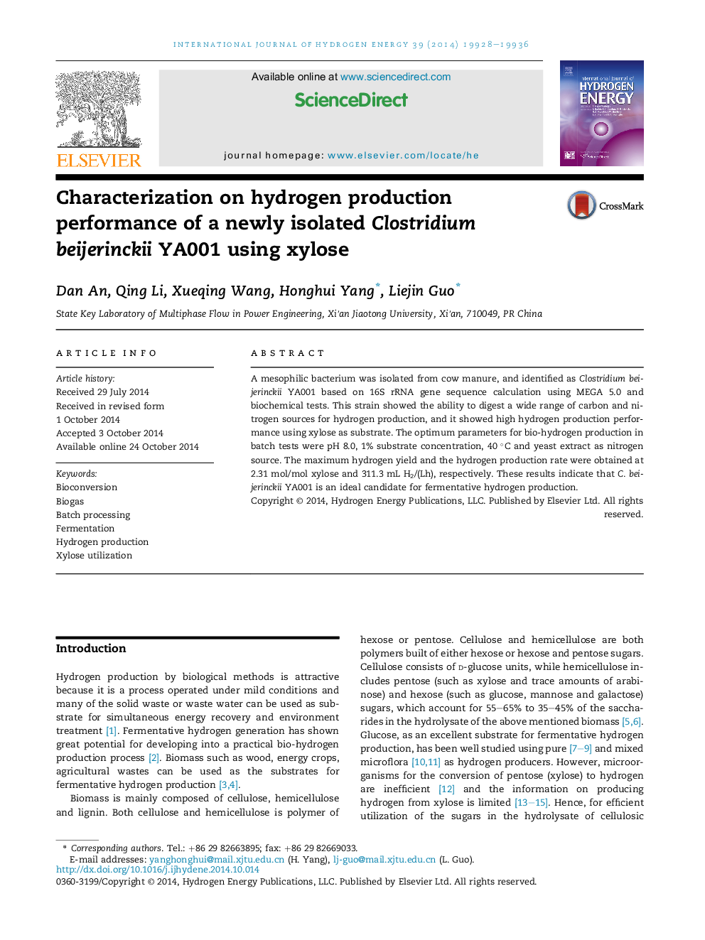 Characterization on hydrogen production performance of a newly isolated Clostridium beijerinckii YA001 using xylose