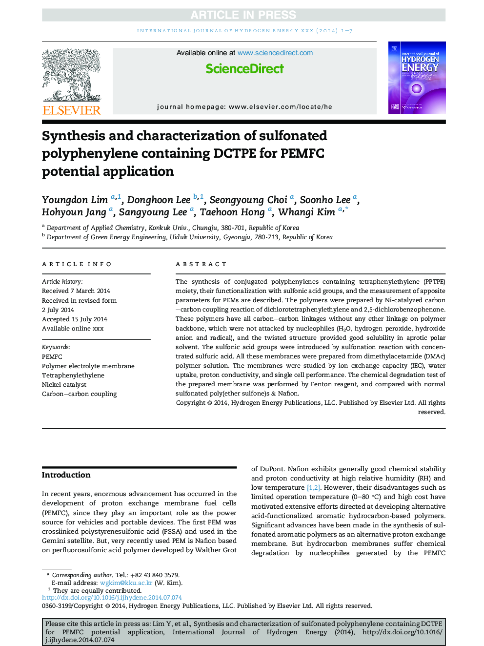 Synthesis and characterization of sulfonated polyphenylene containing DCTPE for PEMFC potential application