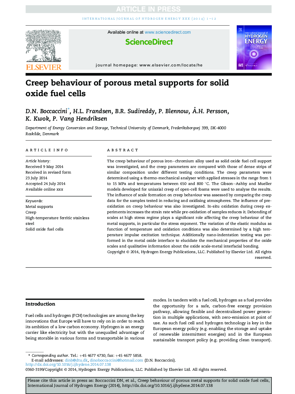 Creep behaviour of porous metal supports for solid oxide fuel cells