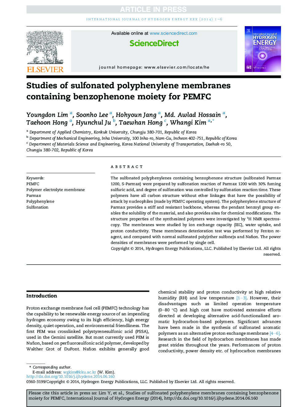 Studies of sulfonated polyphenylene membranes containing benzophenone moiety for PEMFC