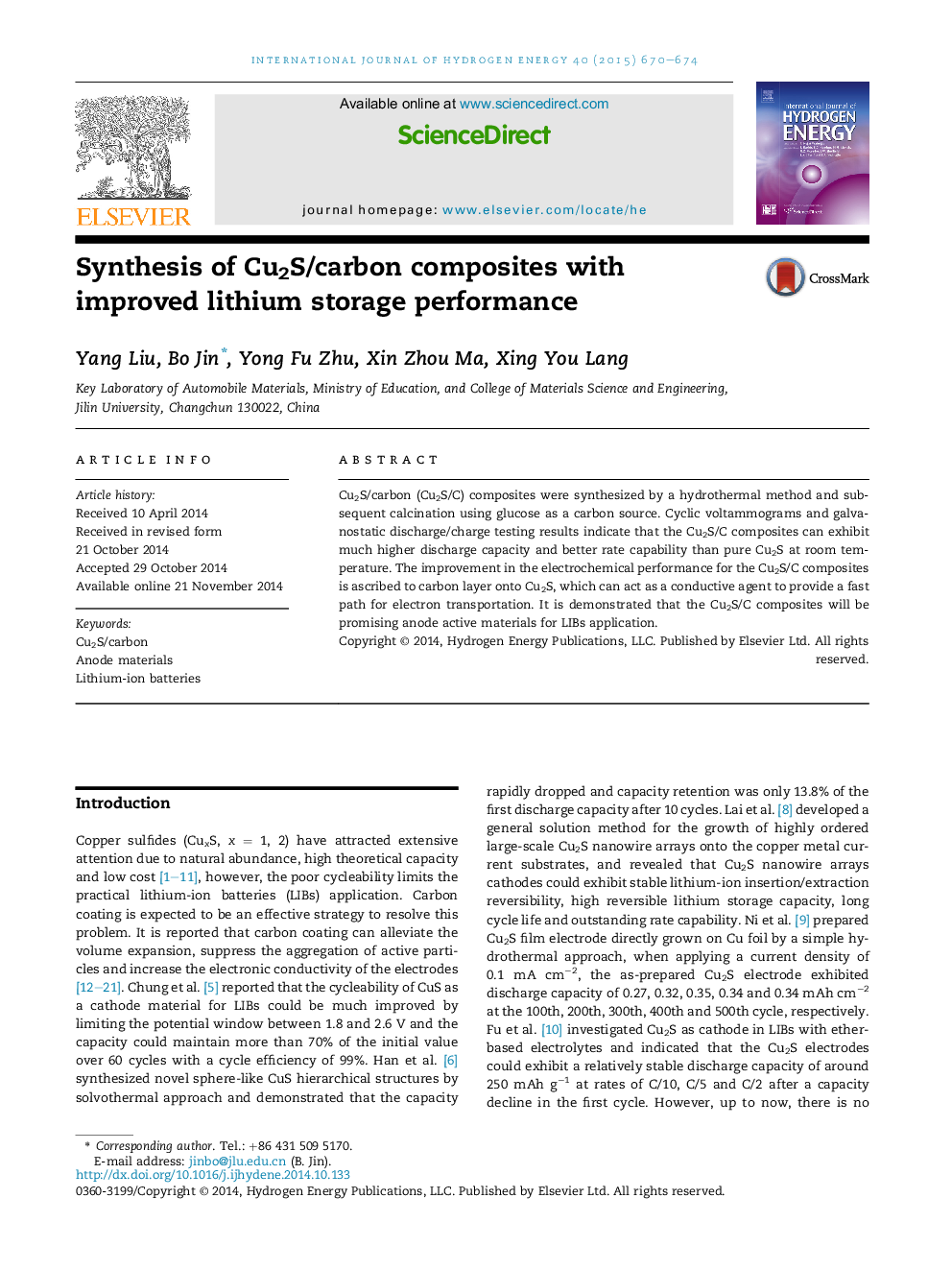 Synthesis of Cu2S/carbon composites with improved lithium storage performance