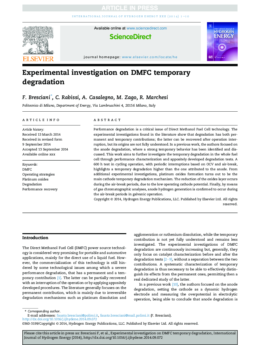 Experimental investigation on DMFC temporary degradation