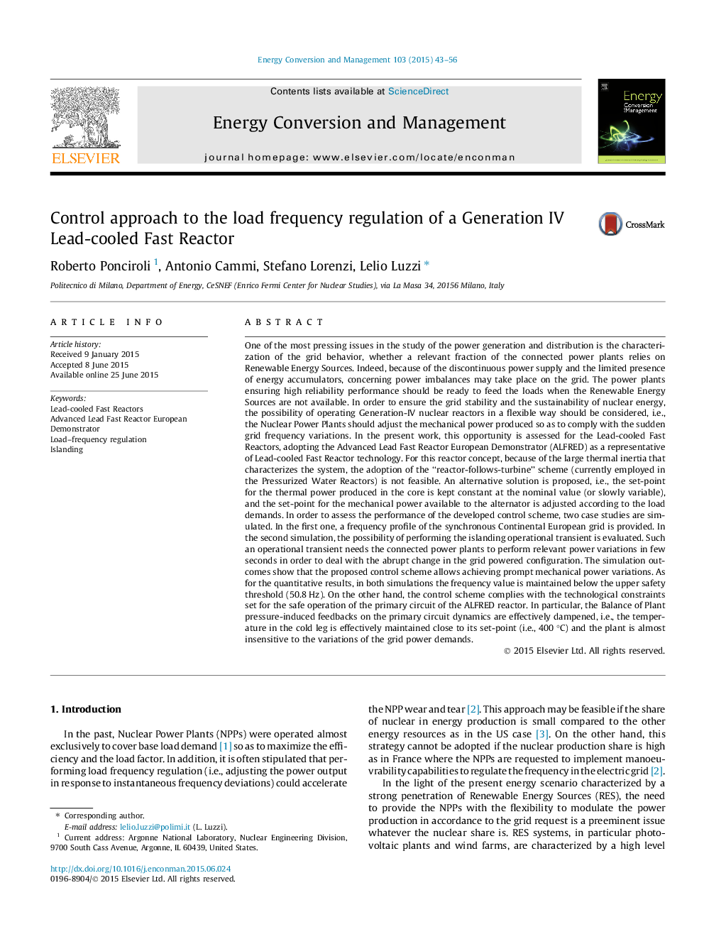 Control approach to the load frequency regulation of a Generation IV Lead-cooled Fast Reactor