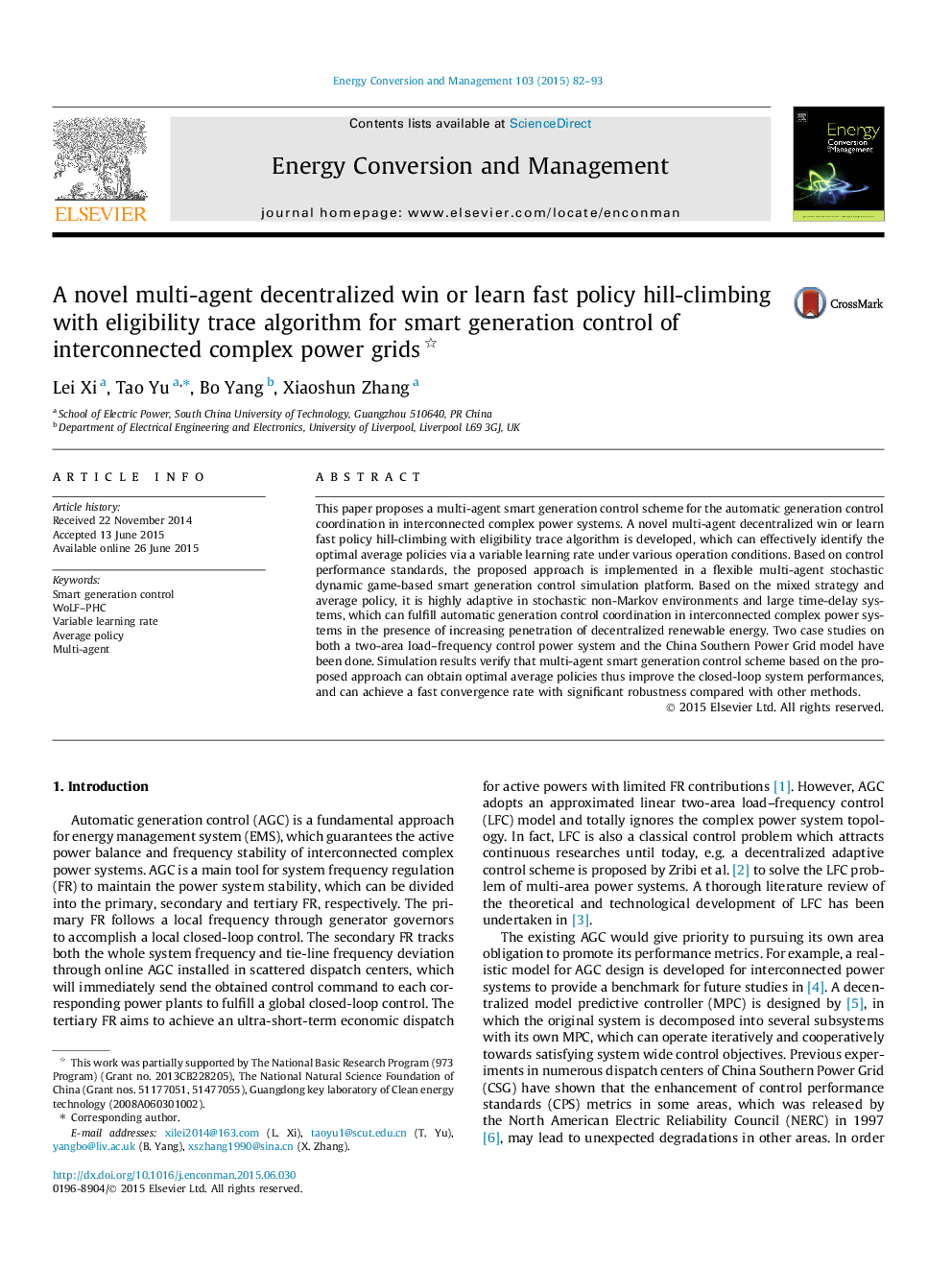 A novel multi-agent decentralized win or learn fast policy hill-climbing with eligibility trace algorithm for smart generation control of interconnected complex power grids 