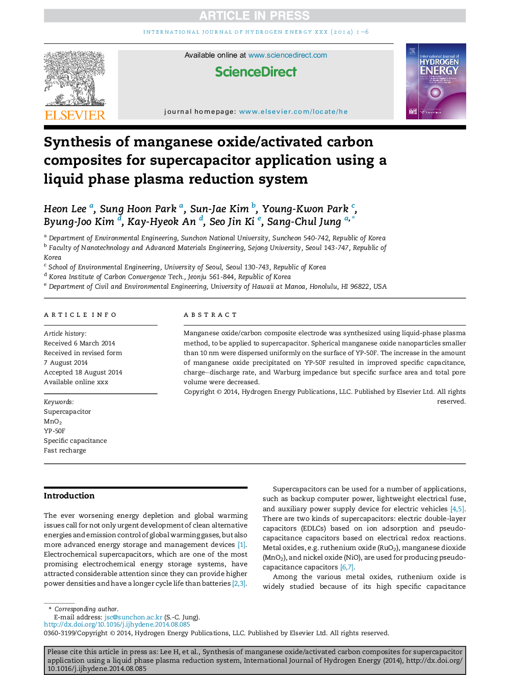 Synthesis of manganese oxide/activated carbon composites for supercapacitor application using a liquid phase plasma reduction system