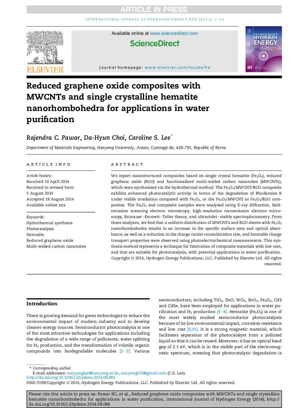 Reduced graphene oxide composites with MWCNTs and single crystalline hematite nanorhombohedra for applications in water purification