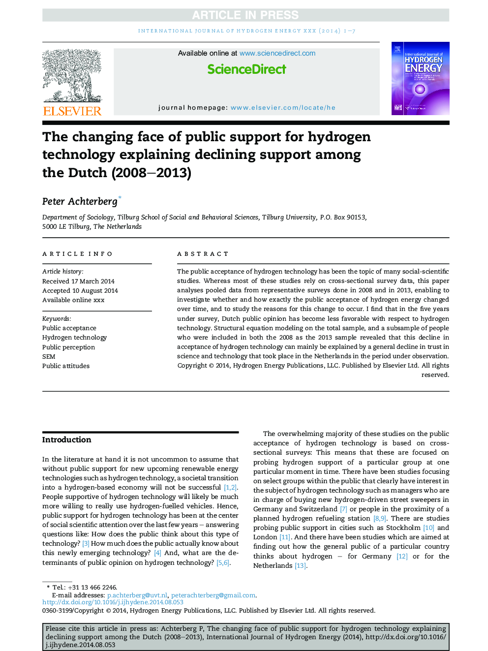 The changing face of public support for hydrogen technology explaining declining support among the Dutch (2008-2013)