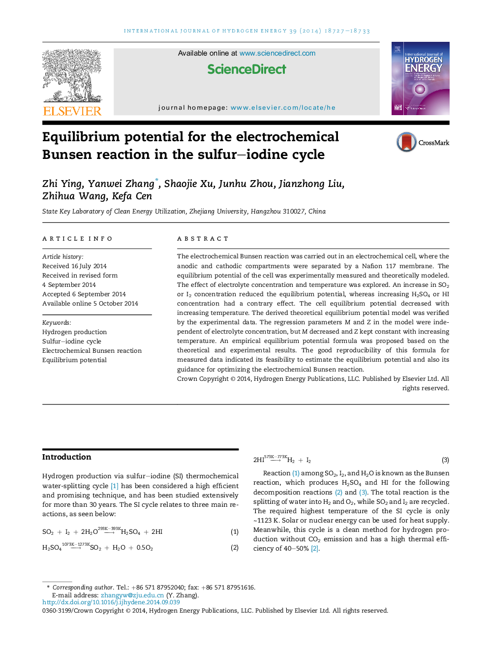 Equilibrium potential for the electrochemical Bunsen reaction in the sulfur-iodine cycle