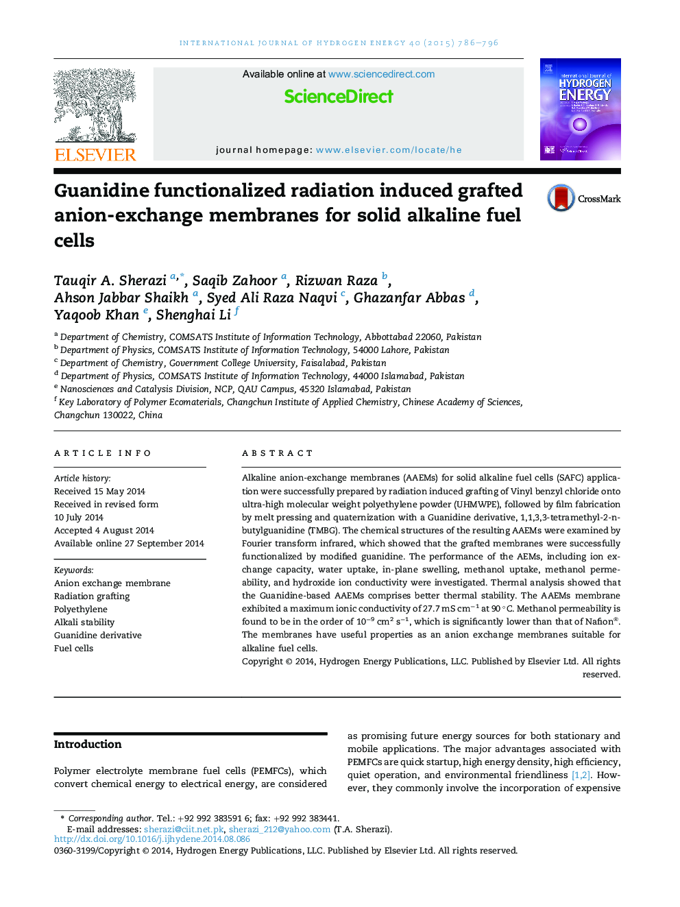 Guanidine functionalized radiation induced grafted anion-exchange membranes for solid alkaline fuel cells