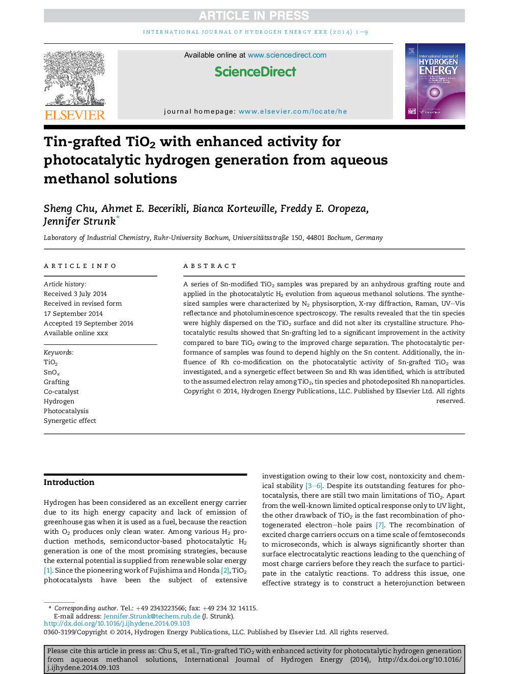 Tin-grafted TiO2 with enhanced activity for photocatalytic hydrogen generation from aqueous methanol solutions