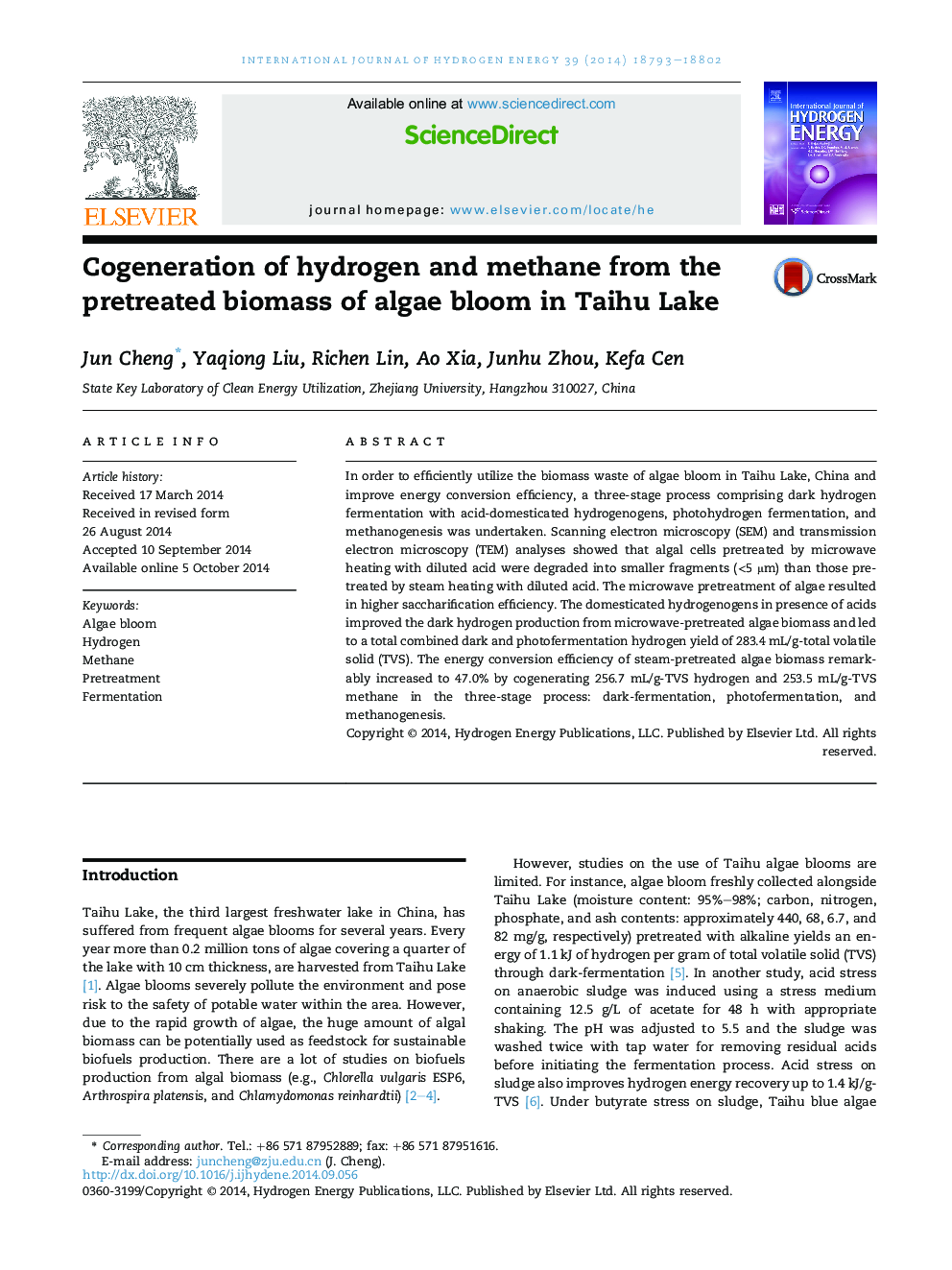 Cogeneration of hydrogen and methane from the pretreated biomass of algae bloom in Taihu Lake