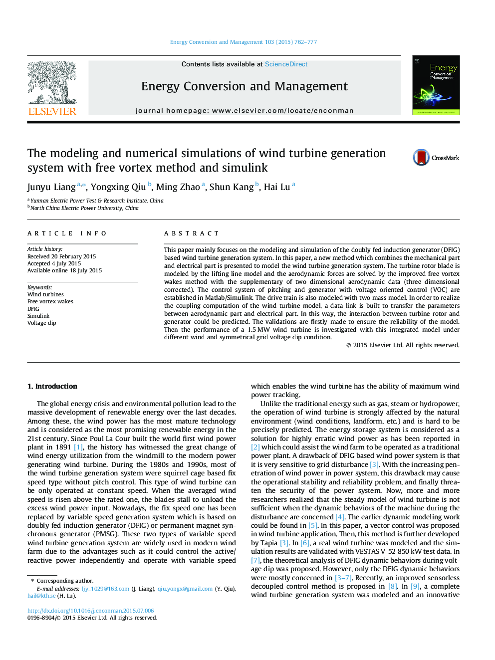 The modeling and numerical simulations of wind turbine generation system with free vortex method and simulink