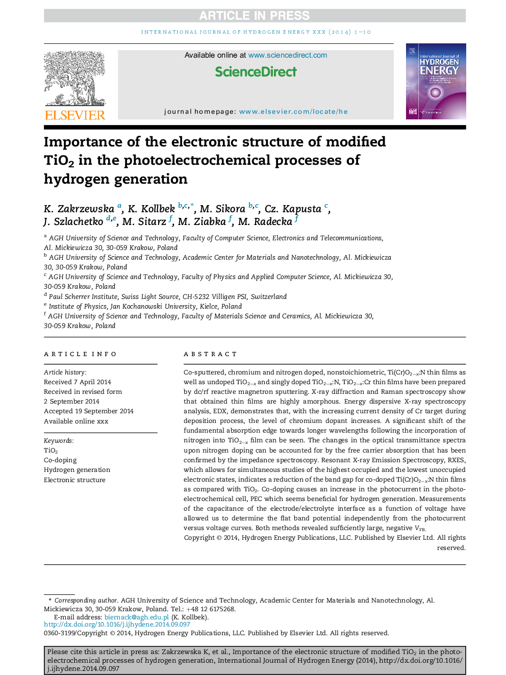 Importance of the electronic structure of modified TiO2 in the photoelectrochemical processes of hydrogen generation