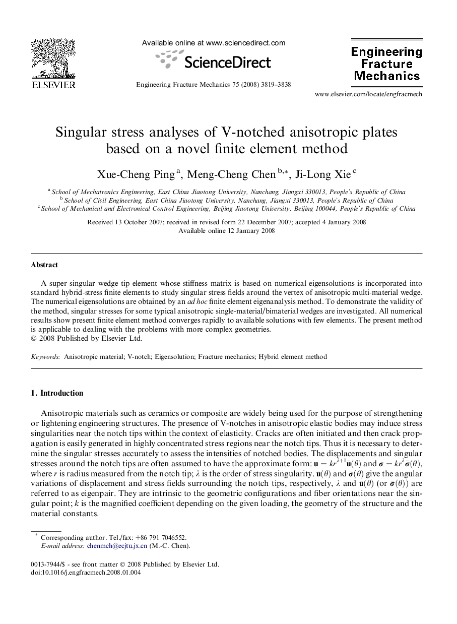 Singular stress analyses of V-notched anisotropic plates based on a novel finite element method