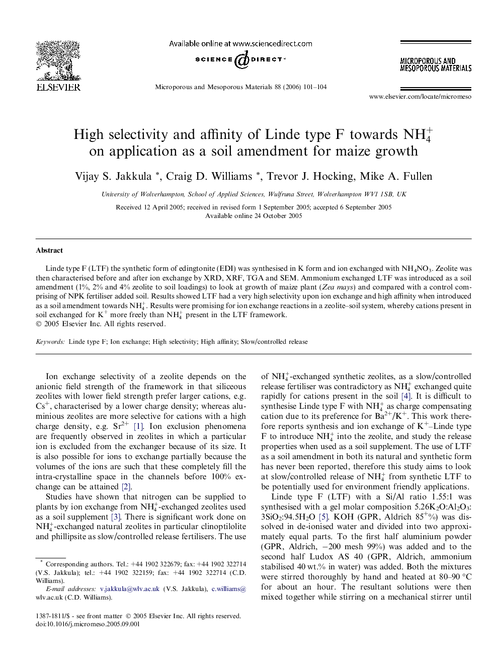 High selectivity and affinity of Linde type F towards NH4+ on application as a soil amendment for maize growth