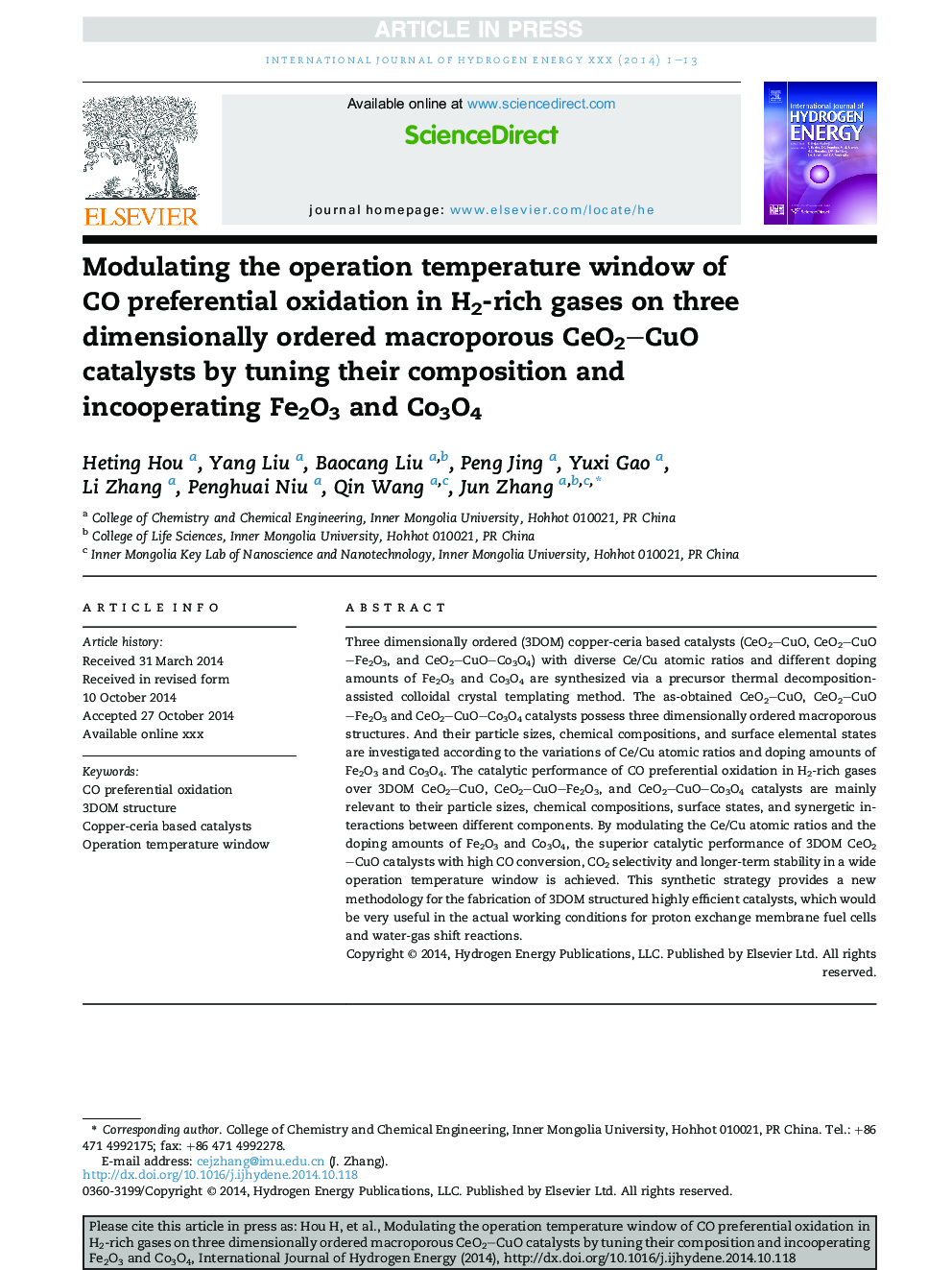 Modulating the operation temperature window of CO preferential oxidation in H2-rich gases on three dimensionally ordered macroporous CeO2-CuO catalysts by tuning their composition and incooperating Fe2O3 and Co3O4