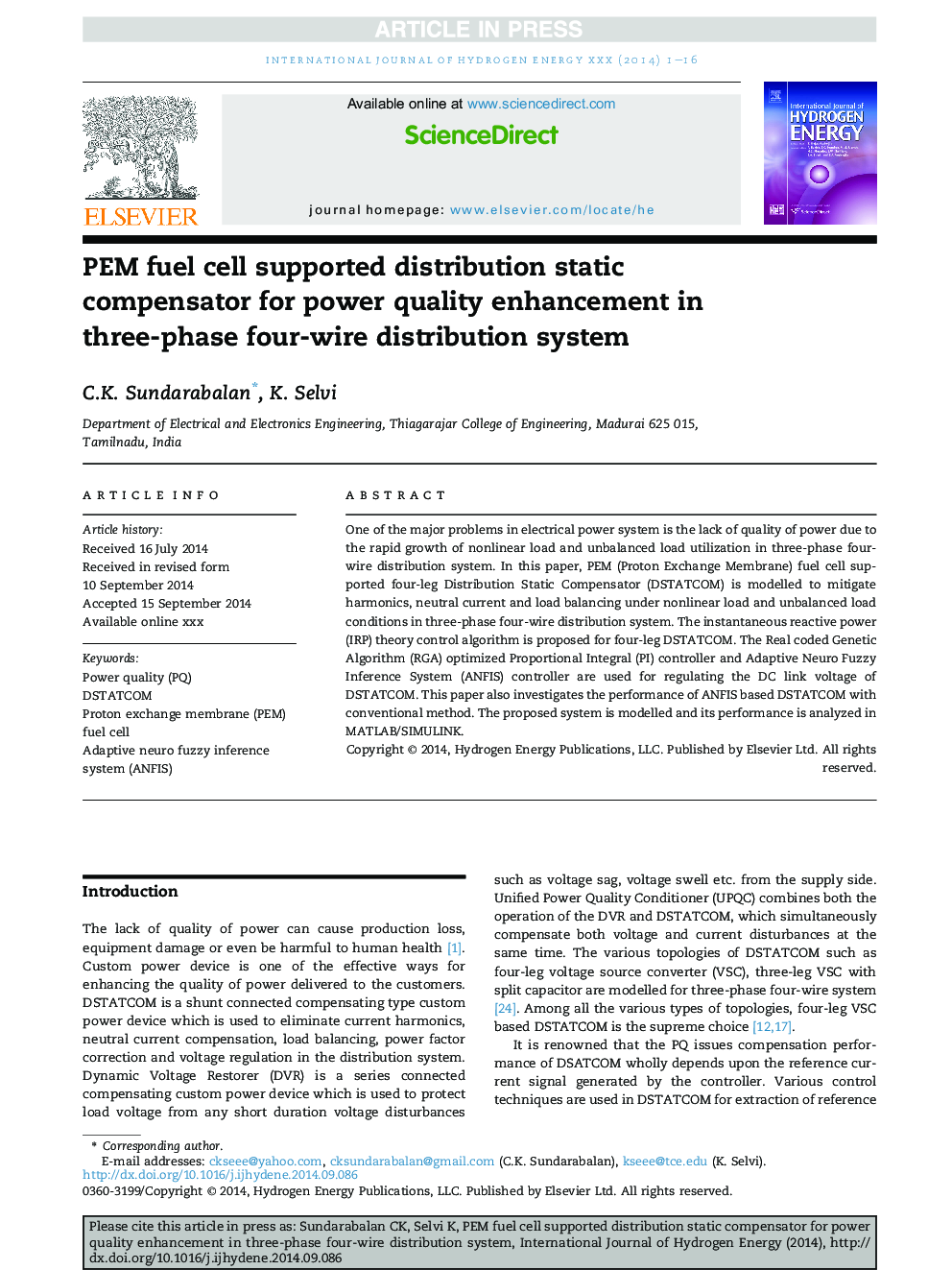 PEM fuel cell supported distribution static compensator for power quality enhancement in three-phase four-wire distribution system