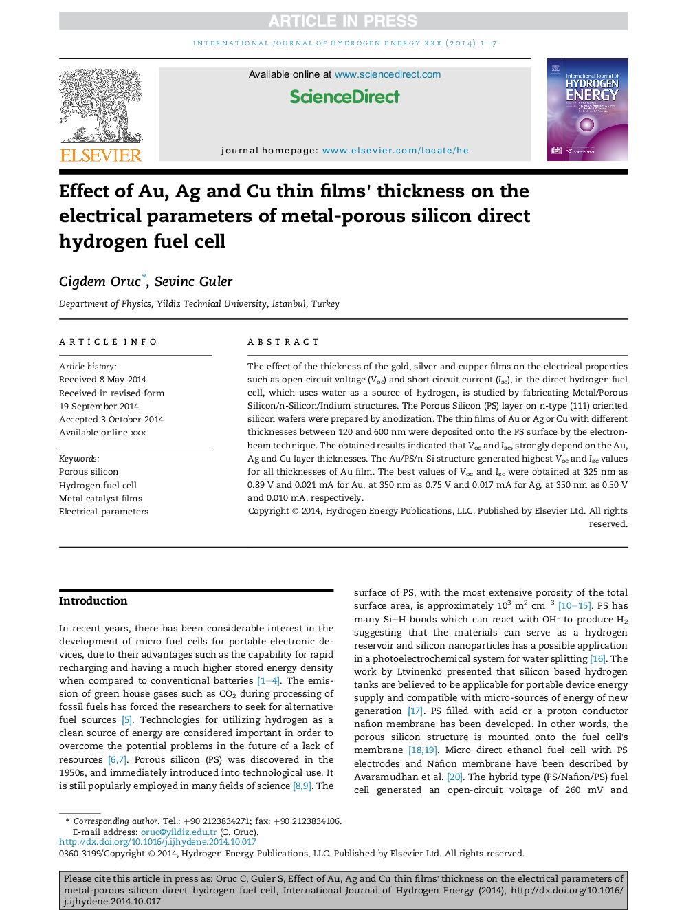 Effect of Au, Ag and Cu thin films' thickness on the electrical parameters of metal-porous silicon direct hydrogen fuel cell