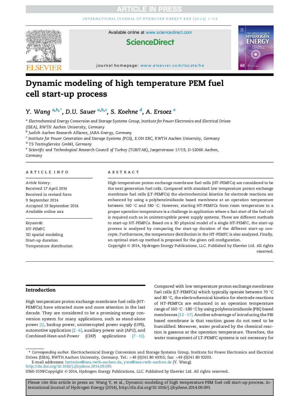 Dynamic modeling of high temperature PEM fuel cell start-up process