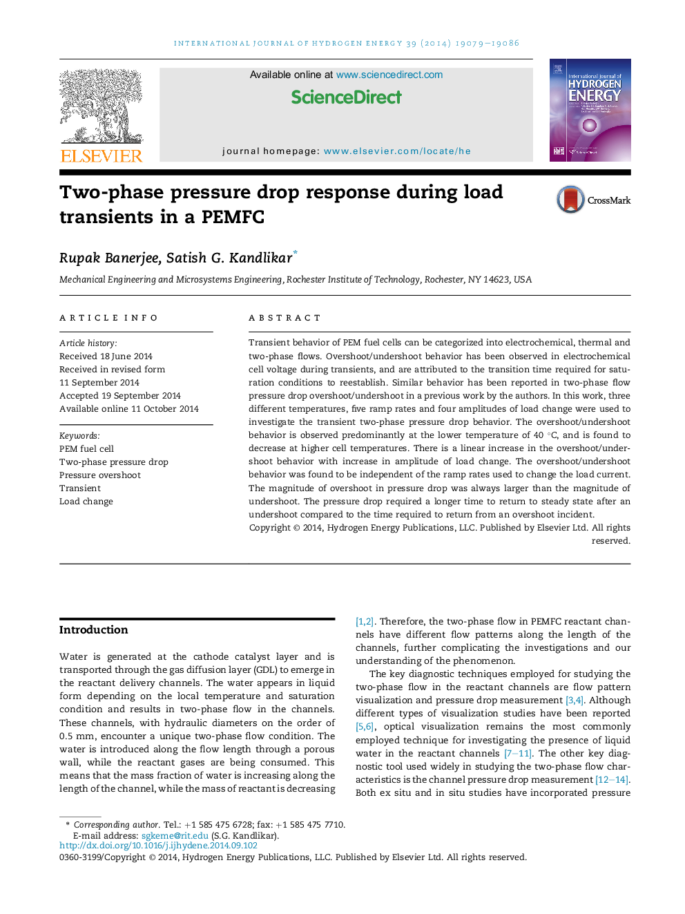 Two-phase pressure drop response during load transients in a PEMFC