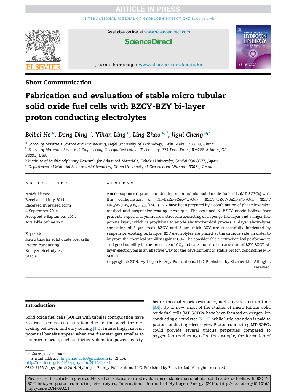 Fabrication and evaluation of stable micro tubular solid oxide fuel cells with BZCY-BZY bi-layer proton conducting electrolytes