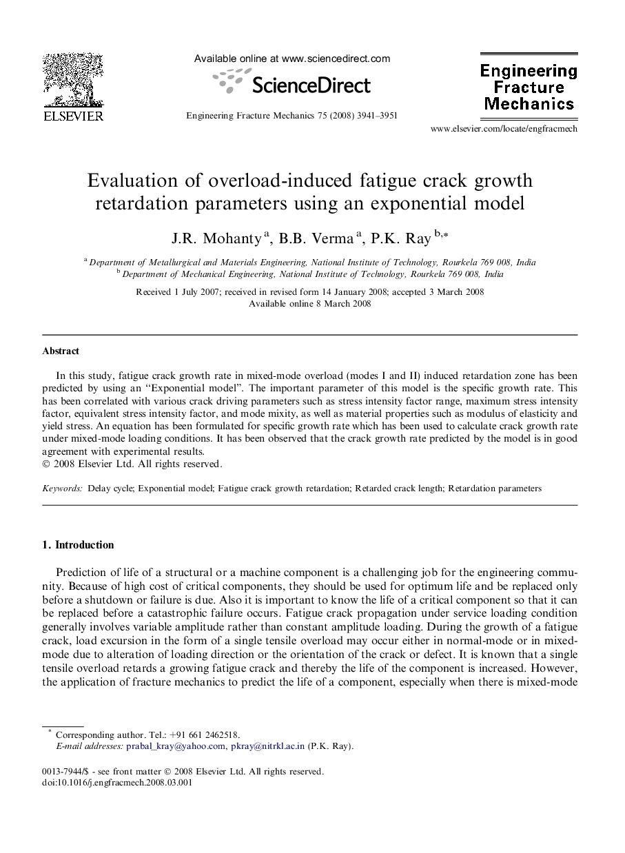 Evaluation of overload-induced fatigue crack growth retardation parameters using an exponential model