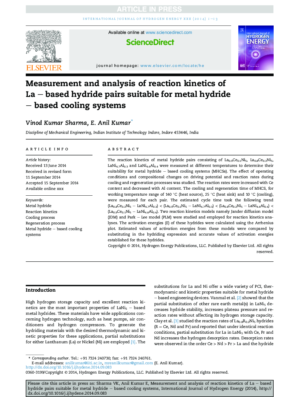 Measurement and analysis of reaction kinetics of La - based hydride pairs suitable for metal hydride - based cooling systems