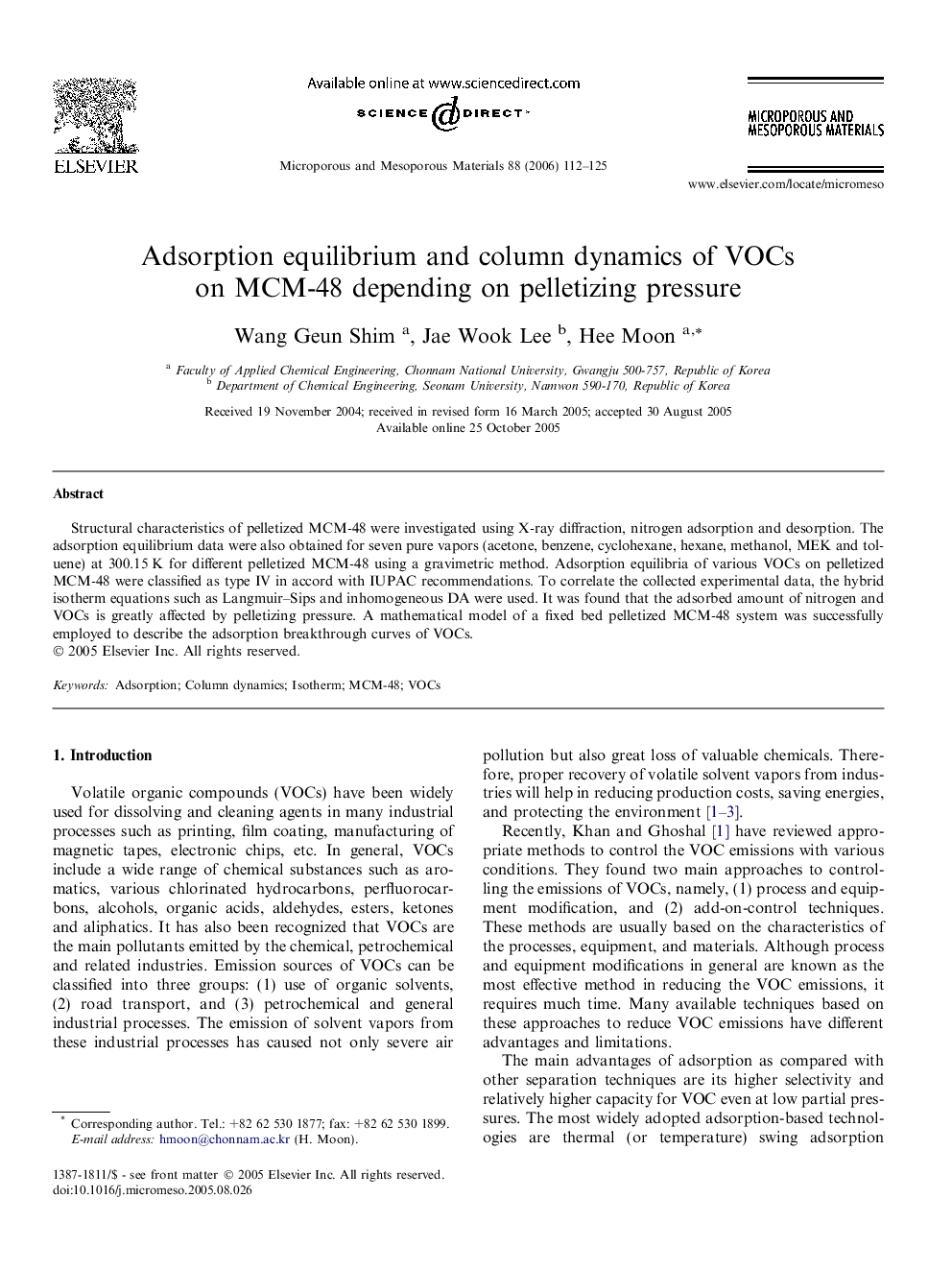 Adsorption equilibrium and column dynamics of VOCs on MCM-48 depending on pelletizing pressure