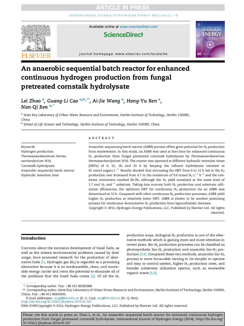 An anaerobic sequential batch reactor for enhanced continuous hydrogen production from fungal pretreated cornstalk hydrolysate