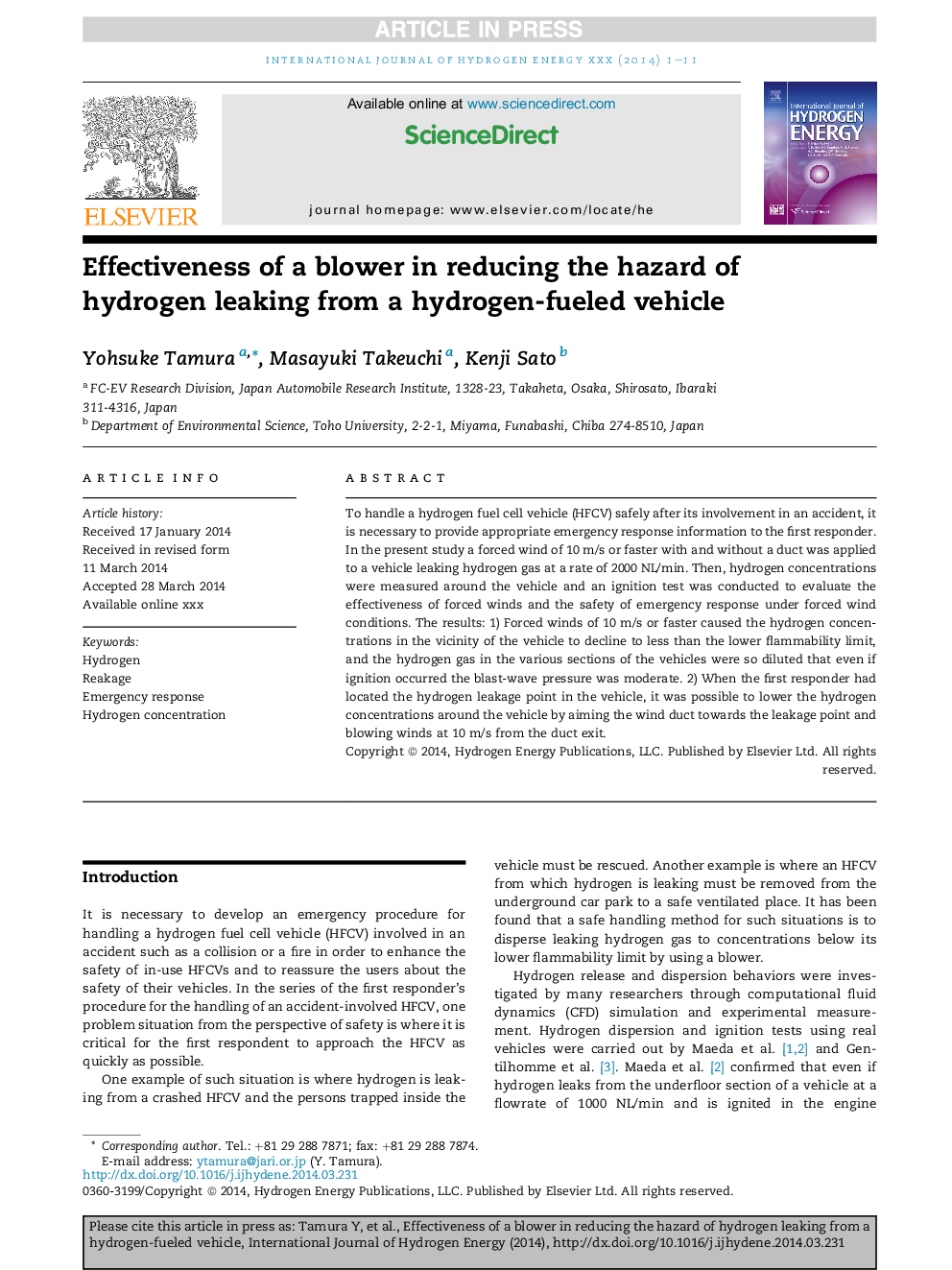 Effectiveness of a blower in reducing the hazard of hydrogen leaking from a hydrogen-fueled vehicle