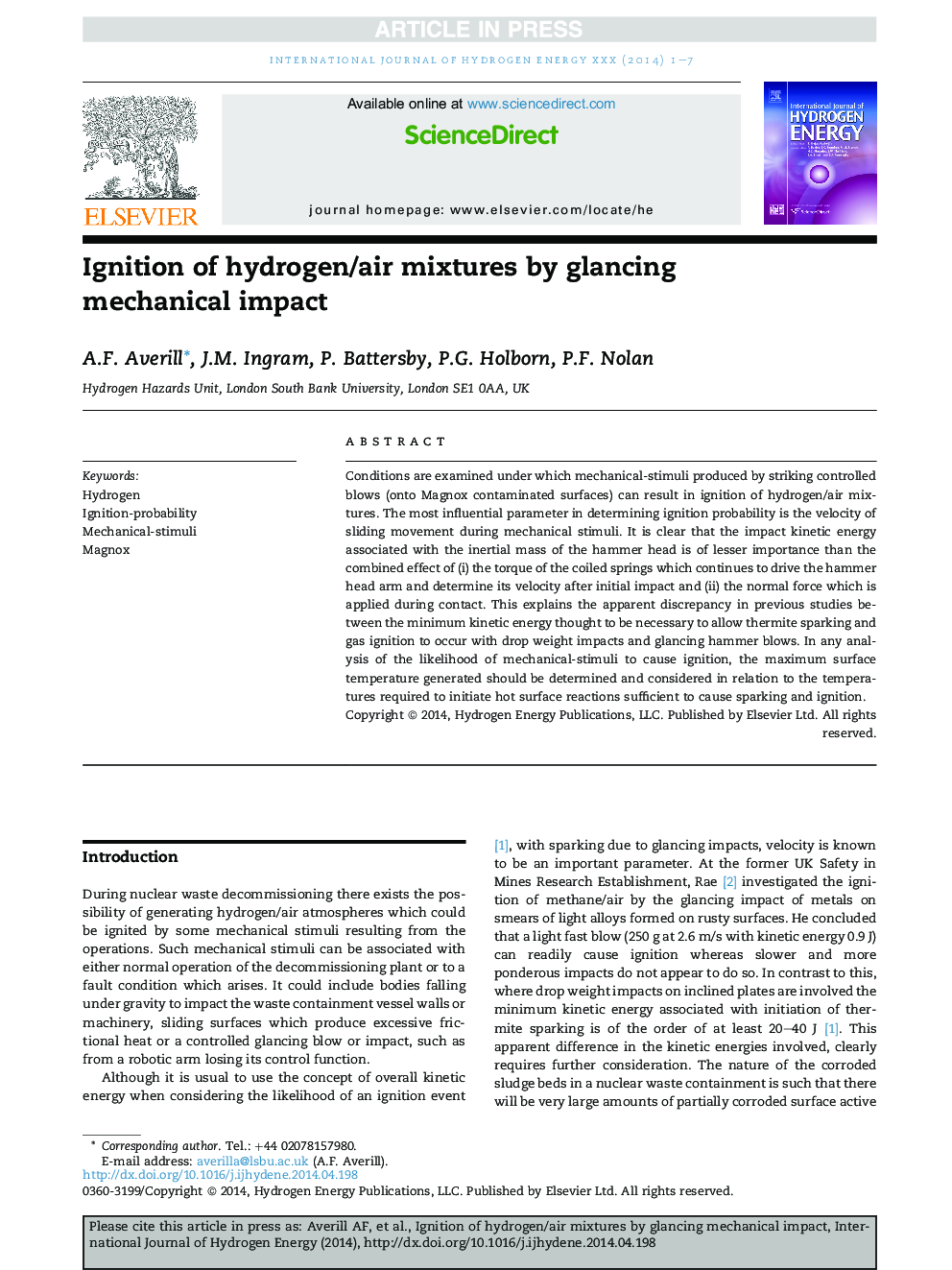 Ignition of hydrogen/air mixtures by glancing mechanical impact